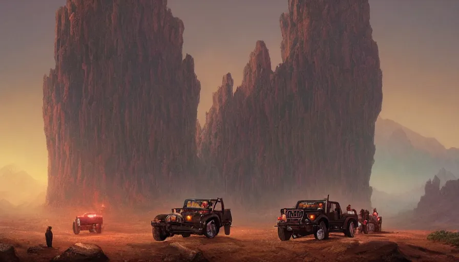 Image similar to Mahindra thar, tribe members watching nearby, an epic fantasy, dramatic lighting, cinematic, establishing shot, extremely high detail, photorealistic, cinematic lighting, artstation, by simon stalenhag, horizon forbidden west