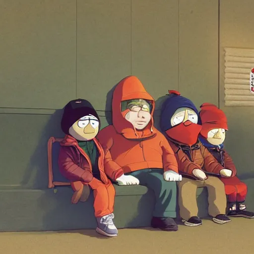 Image similar to Eric Cartman, Stan Marsh, Kyle Broflovski and Kenny McCormick at the bus stop Grominated, fullbody, Grominator, Grominate, intricate, horror, highly detailed, artstation, concept art, smooth, sharp focus, illustration, art by greg rutkowski and orientalism and bouguereau and Zdzislaw Beksinski, good clear quality, lighting, horror, evil, biology, symmetrical artwork, perfect face, 135 mm, cinematic, hyper realism, high detail, octane render, 8k, chrome accents