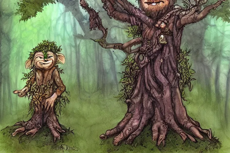 Prompt: a druid treefolk with troll face, standing in the forest, in the style of Tony Diterlizzi and Brian Froud, painterly