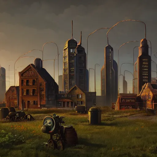 Image similar to some Steampunk buildings with the sun shining through the clouds in utopia by Simon Stålenhag and Greg Rutkowski,In style of Grant Wood.hyper detailed,8K Resolution,unreal engine 5,epic lighting,Ray Tracing,highly realistic