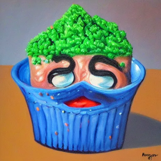 Prompt: A humanoid tasty looking cupcake with bushy eyebrows and grumpy face, blue light, extra detailed, oil painting, by MARGARET ANN EDEN