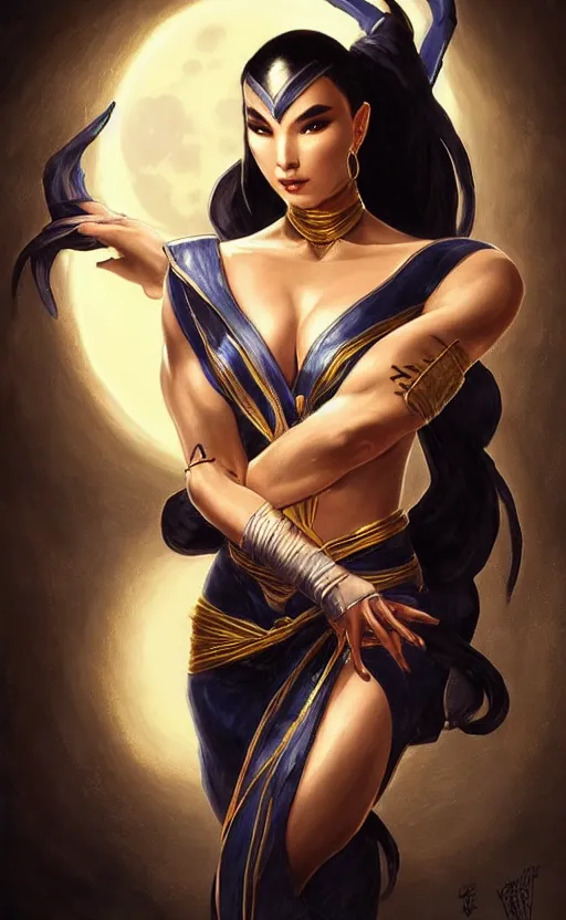 Image similar to masterpiece of kitana from mortal kombat with beautiful hands close to a candle in dark room, cinematic, powerful, moon beams dramatic light, highly, intricate gold elements, hollow souls, detailed, digital painting, artstation, concept art, sharp focus, illustration, art by artgerm and greg rutkowski and alphonse mucha