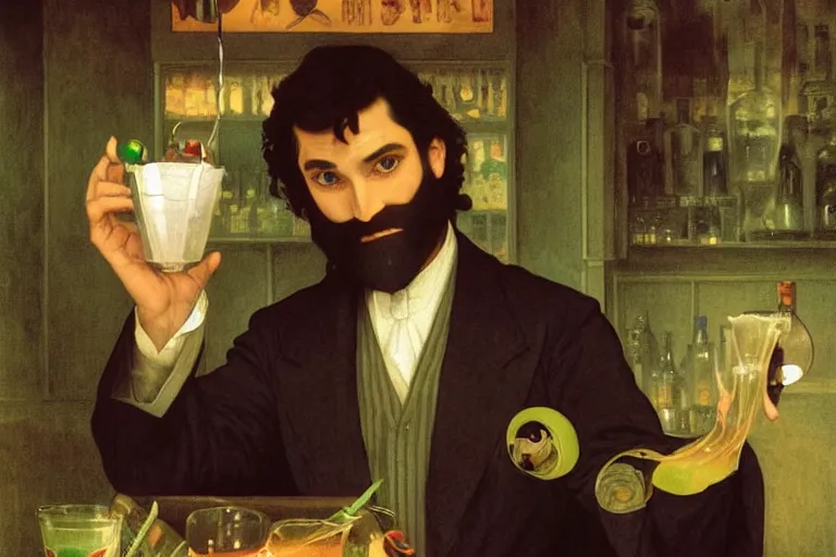 Image similar to a magician from tolkien with beautiful eyes and a full beard holding a multicolored magic drink in a bar, highly detailed painting by studio ghibli and william adolphe bouguereau, nice lighting, smooth tiny details, soft and clear shadows, low contrast, perfect