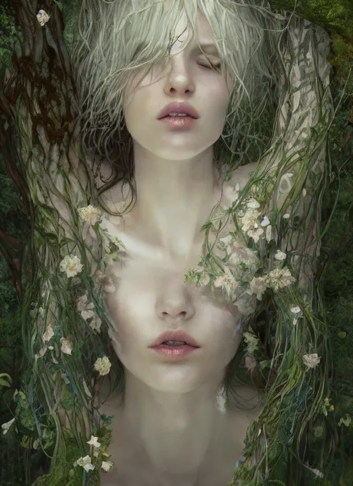 Prompt: dryad, pure white, naturel, hyper detailed, digital art, trending in artstation, cinematic lighting, studio quality, smooth render, unreal engine 5 rendered, octane rendered, art style by klimt and nixeu and ian sprigger and wlop and krenz cushart