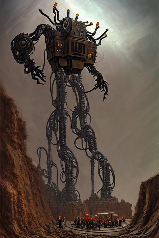 Prompt: classic oil painting, a large eldritch robotic driller creature, as a dnd character, inside of a quarry, cottagecore, extremely detailed, digital illustration, concept art, readability, smooth, sharp focus, art by paul bonner, and brothers hildebrandt, and craig mullins