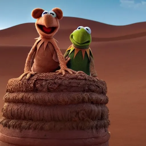 Image similar to The muppets in Dune (2021) dynamic action battle, highly textured, hyperrealism, god rays, award winning, gritty