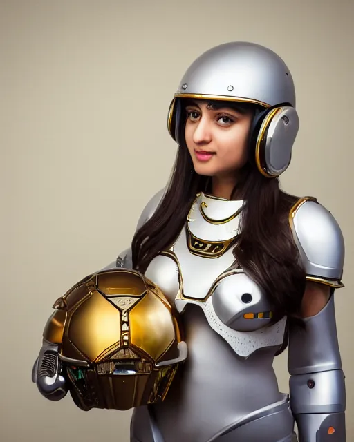 Prompt: centered medium shot fine studio photograph of a beautiful persian girl wearing only a mecha electronic helmet with led lights and persian golden ornaments, ultra-realistic, white background, 8k HDR sunset lit, intricate detail