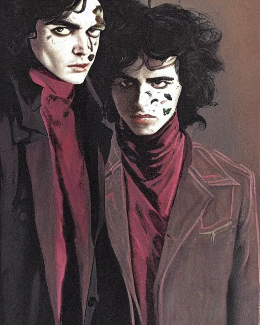 Image similar to two handsome but sinister young men wearing gucci in layers of fear, with haunted eyes and wild hair, 1 9 7 0 s, seventies, wallpaper, a little blood, moonlight showing injuries, delicate embellishments, painterly, offset printing technique, by brom, robert henri, walter popp