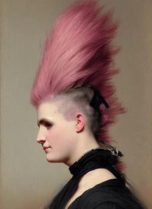 Image similar to a detailed portrait of woman with a mohawk by edouard bisson, year 1 8 5 0, pink hair, punk rock, looking at the camera, oil painting, muted colours, soft lighting