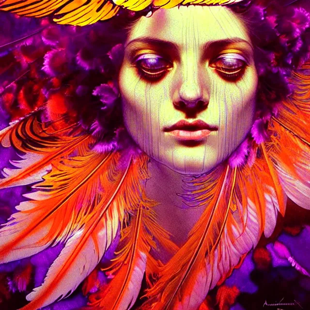 Image similar to face of young psychedelic transcendent feather mind bending psychedelic wings of glossy liquid honey flowing like kaleidoscopic translucent holograph, lsd feathers, feathery fluff, enlightenment, high contrast dappled lighting, refracted sunset, highly detailed, concept art, art by collier, albert aublet, krenz cushart, artem demura, alphonse mucha