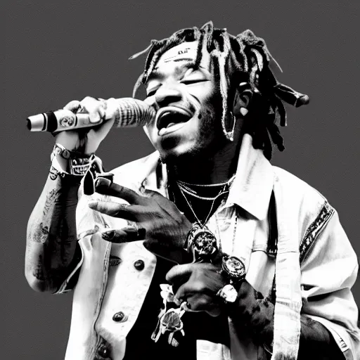 Image similar to lil uzi vert, performing at live aid, photorealistic, black and white, hyper detailed —height 1024 —width 1024