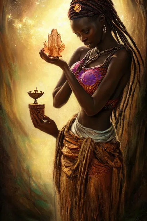 Image similar to african princess giving an offering to a heavenly being, mystical artifact, digital art, fantasy, magic, professional illustration by seb mckinnon, wlop, and artgerm, illustration