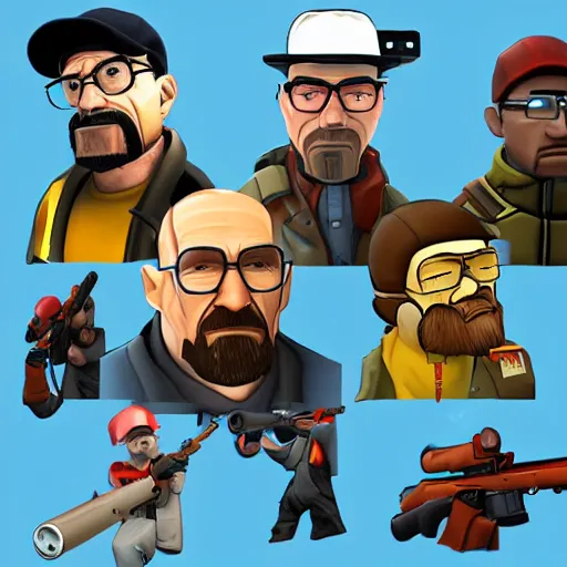 Image similar to walter white as team fortress 2 sniper, cartoonish, valve, 2 fort, sunny, red, sniper rifle, jarate, highly detailed