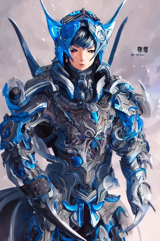 Image similar to concept art, anime portrait of a ninja cyborg warrior wearing an intricate azure wolf themed armor by Masamune Shirow, Stanley Artgerm Lau, WLOP, Rossdraws, James Jean, Andrei Riabovitchev, Marc Simonetti, and Sakimichan, trending on artstation