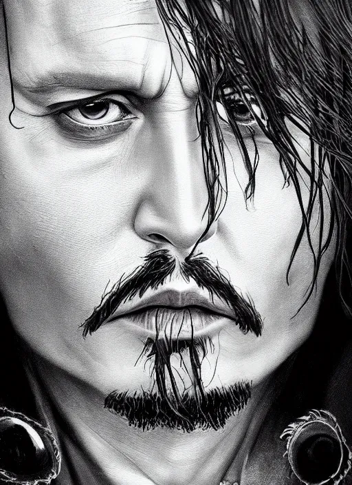 Image similar to portait of Johnny Depp, sharp focus, illustation, stunning lighting, realistic character concept, light atmosphere, golden ration, cinematic lighting, high resolution, insanely detailed and intricate, art by Hayao Miyazaki and Matt Groening, 8k