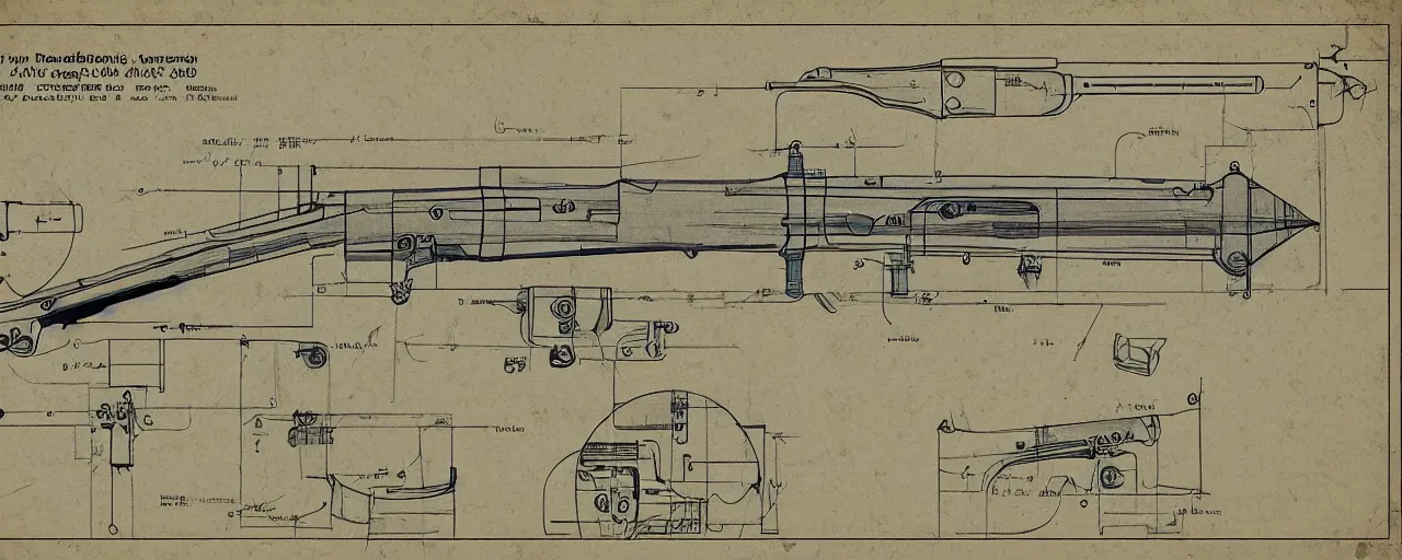 Prompt: diagram for a 1930's ray gun with fins, blueprint style, panoramic view