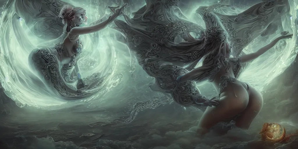 Prompt: concept art of translucent glowing curvy demon dancing booty, flowy, melting, round moons, rich clouds, very detailed, volumetric light, mist, fine art, textured oil over canvas, epic fantasy art, very colorful, ornate intricate scales, skulls, fractal gems, 8 k, hyper realistic, high contrast, yuji moriguchi