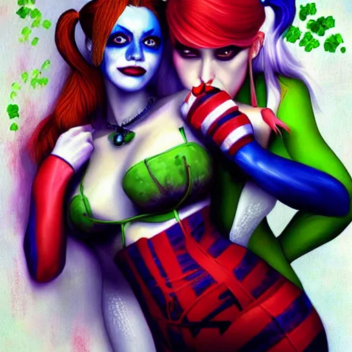 Image similar to harley quinn and poison ivy romance, hyper detailed masterpiece, digital art painting, realism aesthetic