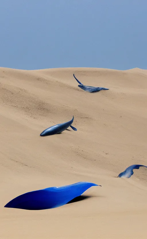 Image similar to blue whales jumping in sand dunes, photography