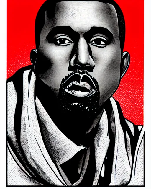 Image similar to Manga black-and-white cross hatching comic book illustration of Kanye West on red background