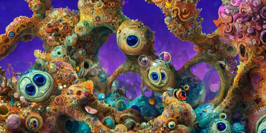 Image similar to of an intricate sea reef with strange cute friendly happy creatures with huge eyes, mouth, long tongue, round teeth and goofy face, appearing from the background, in the style of gehry and gaudi, macro lens, shallow depth of field, ultra detailed, digital painting, trending artstation, concept art, illustration, cinematic lighting, photorealism, epic, octane render