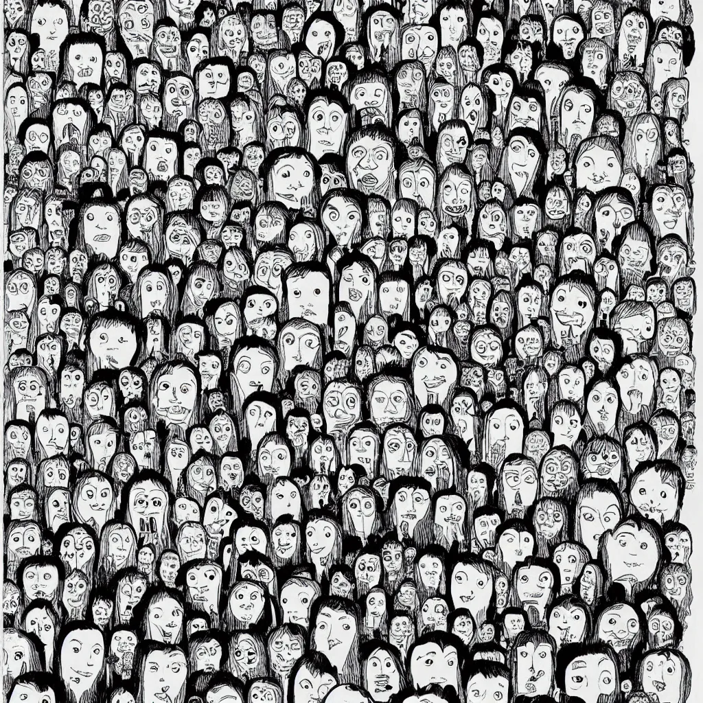Prompt: 1000's cartoon faces made of cartoon faces, by Mattias Adolfsson!!!!, greeble!!, extremely detailed ink painting