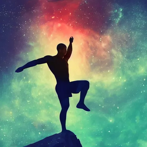 Image similar to athletic man doing a pullup using gymnastic rings, silhouette, long shot, in a cosmic nebula background, matte colors, very very very dramatic, inspiring digital art trending on artstation