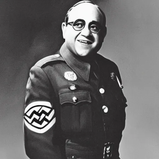 Image similar to 1942 portrait photograph, Danny DeVito in a Nazi officer's uniform