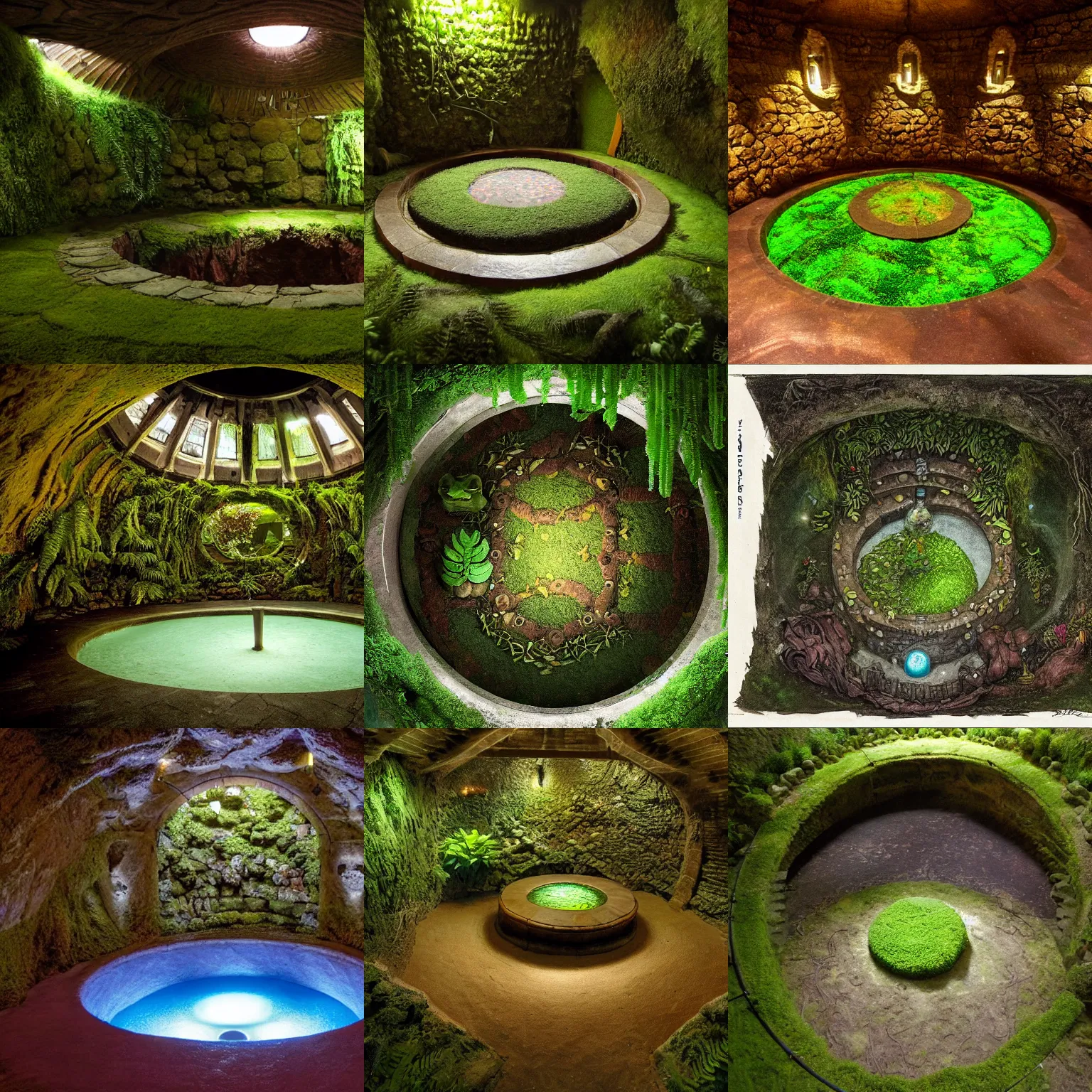 Prompt: underground room, round glowing pool in the centre, earth walls with ferns, mosses, a round engraved door, damp, dark, gothic by rutkowski and brian froud and rien poortvliet