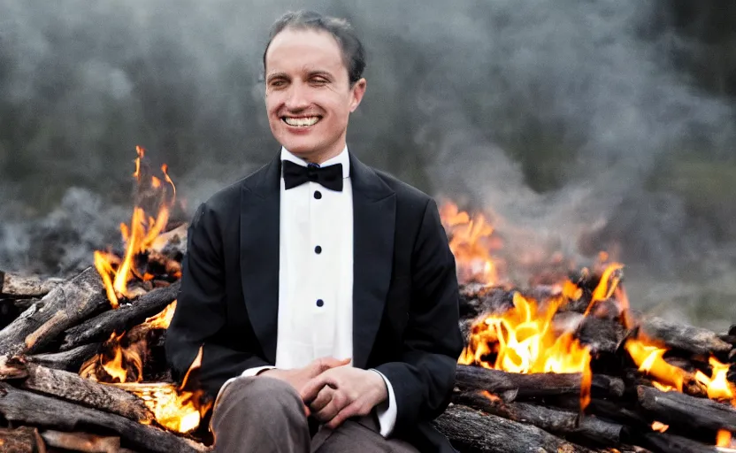 Prompt: a man wearing a tuxedo sitting in the middle of a bonfire, looking straight ahead