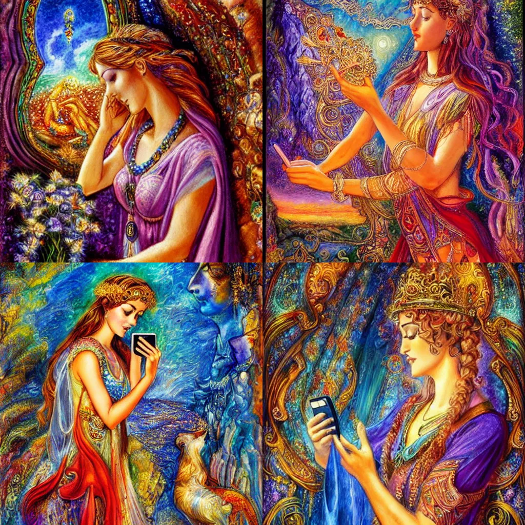 Image similar to goddess checking her phone, by josephine wall