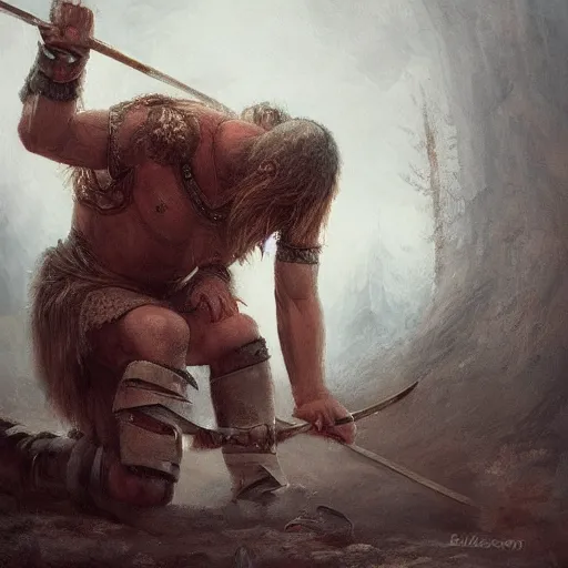 Prompt: Scandinavian berserker on his knees, painting by Diego Gisbert Llorens