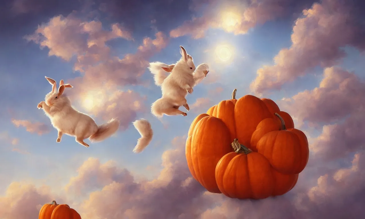 Prompt: a beautiful digital painting of a white rabbit flying in the clouds, birds in the sunlight, numerous golden pumpkins, blue sky at sunset, elegant, highly detailed, artstation, concept art, matte, sharp focus, art by tom bagshaw, kelogsloops and greg rutkowski