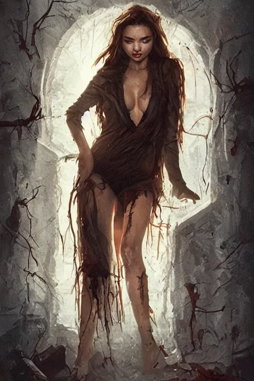 Prompt: movie poster of miranda kerr staring in a 1980 horror movie, haunted house themed, by artgerm and greg rutkowski