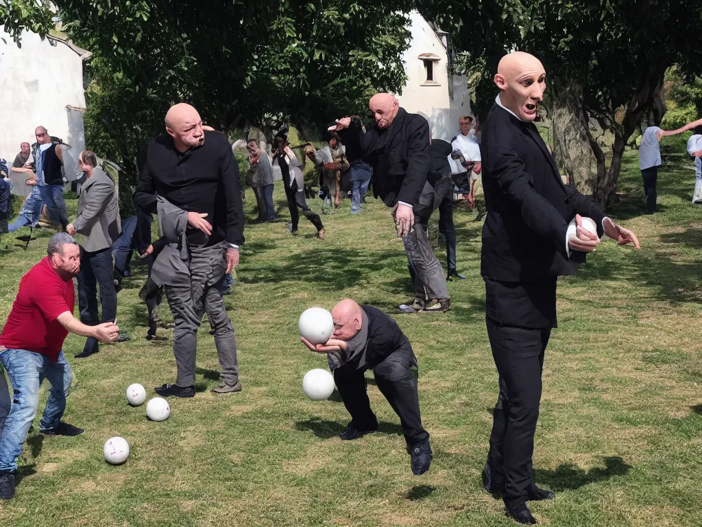 Prompt: nosferatu is playing petanque balls with one french fat dudes in south of france