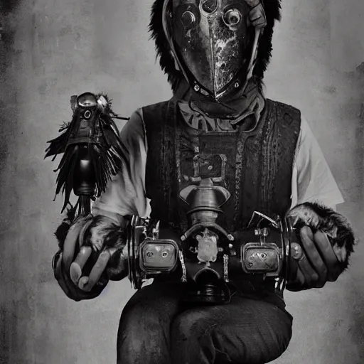 Image similar to tintype photographs of techno shamans, telepaths, dieselpunk cyborgs, masked heroes, irradiated humans, ancient ones, mystic monsters, and monster hunters