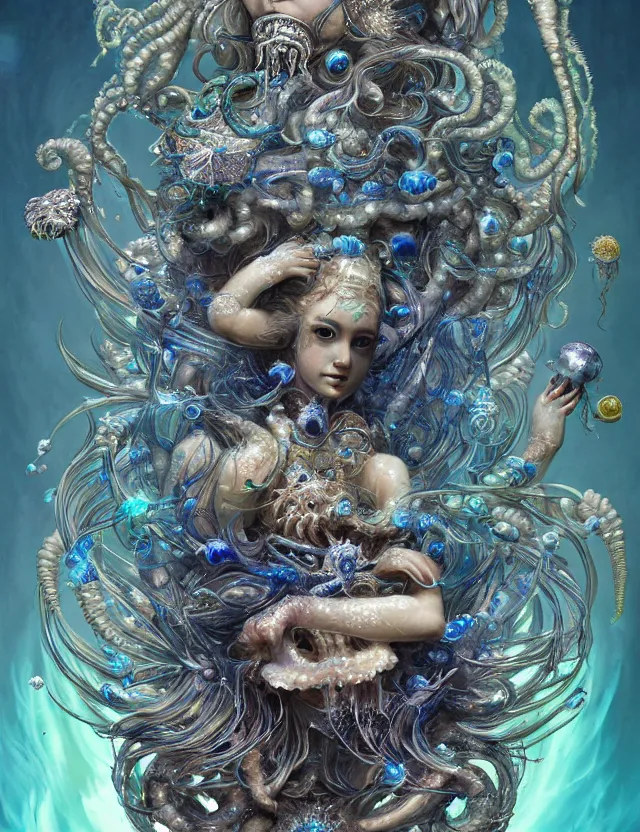 Image similar to goddess macro shouler portrait from bottom to top in crown made of ram skull. betta fish, jellyfish phoenix, bioluminiscent, plasma, ice, water, wind, creature, super intricate ornaments artwork by tooth wu and wlop and shofff and greg rutkowski