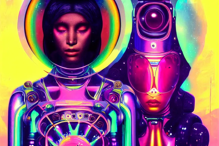 Image similar to patron saint of 👽 🌈👩🏾, futuristic clothing, woman and robot, disco party, neon god of city character portrait, in the style of moebius, tom bagshaw, and waterhouse, cinematic lighting, beautiful, elegant, oil painting,