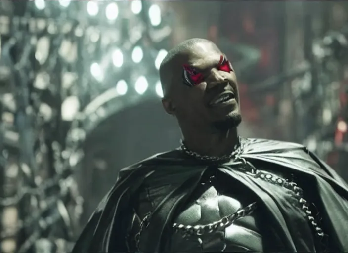 Image similar to film still of jamie foxx as spawn in the new spawn movie, giant chains, large cape, 8 k