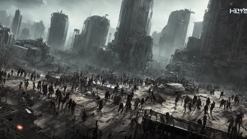 Image similar to a horde of people boarding a spaceship in a post-apocalyptic city, hyperrealistic, Cryengine 8k UHD