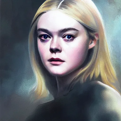 Image similar to ultra realistic portrait painting of elle fanning in skyfall, art by frank frazetta, 4 k, ultra realistic, highly detailed, epic lighting