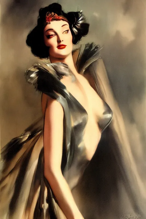 Prompt: matte painting of sophie turner by rolf armstrong