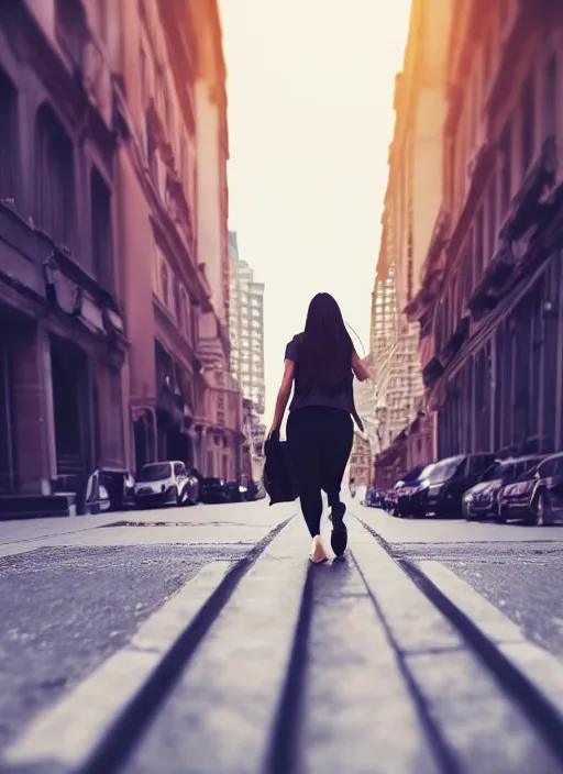 Image similar to beautiful photo of a woman walking on a city towards the camera, full body, hyper realistic, 8 k, dslr, 3 mm, highly detailed photograph