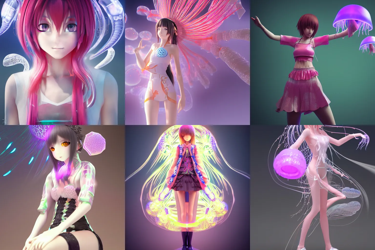 Prompt: intricate anime girl bakemonogatari wearing a jellyfish bio-mechanical bio-luminescence, octane render, trending on artstation, hyper realism, 8k, fractals, pattern