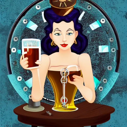 Image similar to digital clockwork woman drinking in a pub, steampunk style,