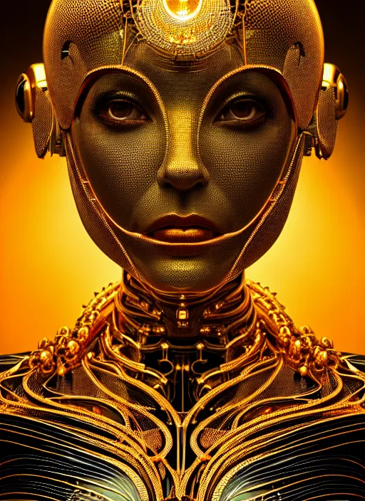 Prompt: portrait of an absurdly beautiful, graceful, sophisticated, fashionable futuristic female golden mechanoid with sections of skin showing, glowing internal light, hyperdetailed illustration by irakli nadar and alexandre ferra, intricate linework, faberge, intricate gold linework, dark atmosphere, unreal engine 5 highly rendered, global illumination, radiant light, detailed and intricate environment