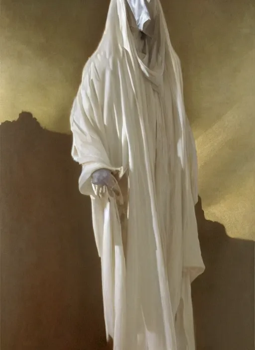 Image similar to an oil painting of a tall person in flowing white robes wearing a white venetian carnival mask standing in a gloomy dark room with hazy sunlight streaming through the window, in the style of john singer sargent, greg rutkowski, maxfield parrish and alphonse mucha