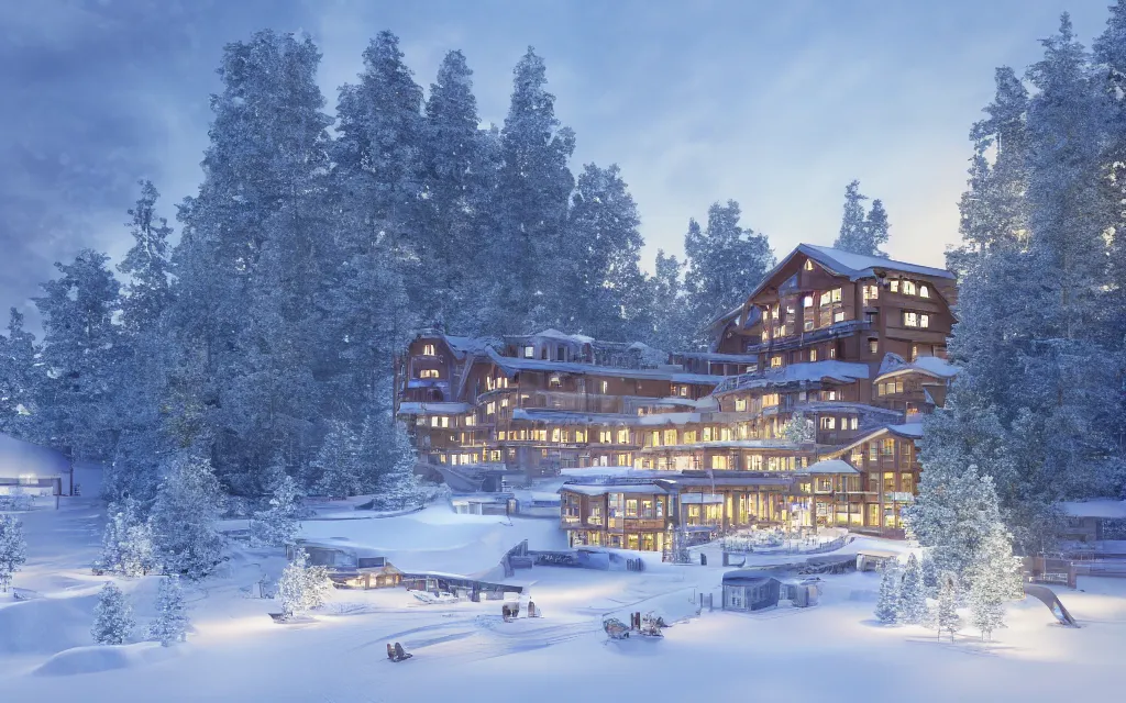 Prompt: finnish ski resort architectural visualization, hotel, winter scene, cozy, corona render, rendered in vray, evening light, lakeside, dof, mountainous landscape, pine forest, evermotion, ronen bekerman, contest winner, archviz, peter guthrie, ultradetailed, photorealistic, photoreal, box visuals