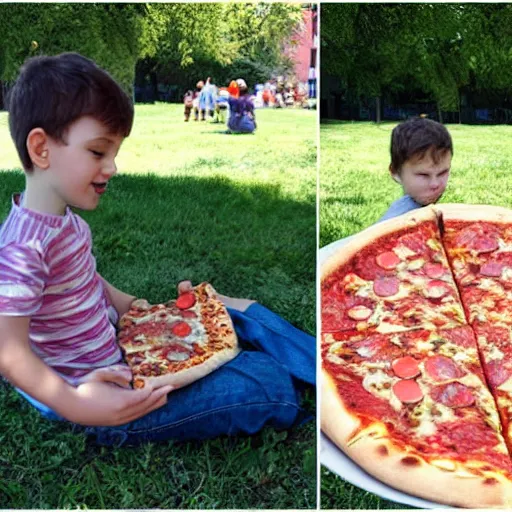 Prompt: gabriel and dresden eating pizza, outside park, sunny day, kids playing