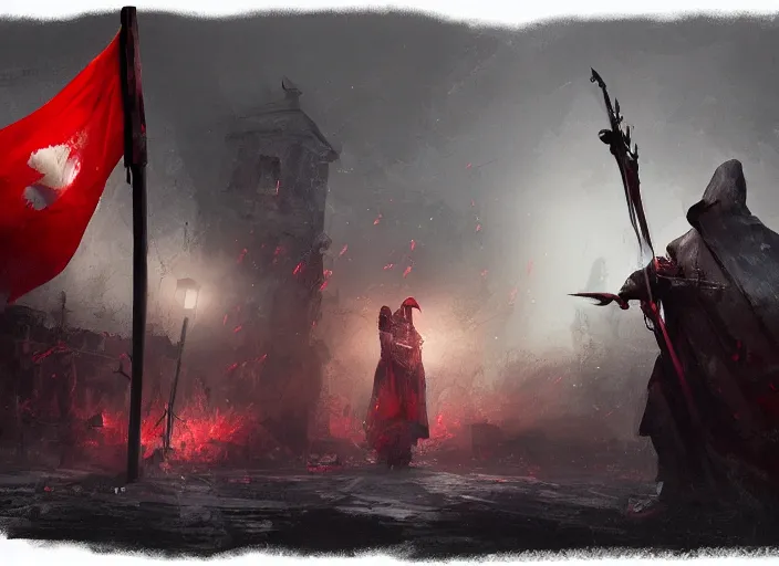 Image similar to empty world, knight with old red flag, ashes around, volumetric lighting, digital painting, highly detailed, artstation, sharp focus, illustration, concept art, ruan jia, steve mccurry, amazing composition, gothic arch frame